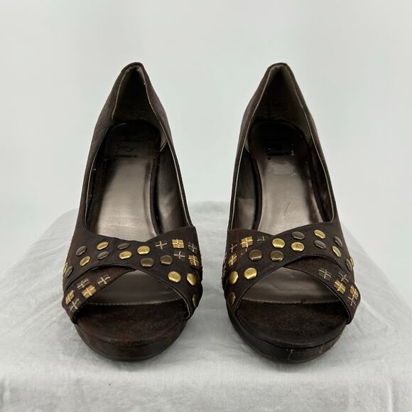 Vintage y2k Women's Brown Gold Studded LEI Stash Strappy Heel Pumps Sz 10M - Picture 2 of 8